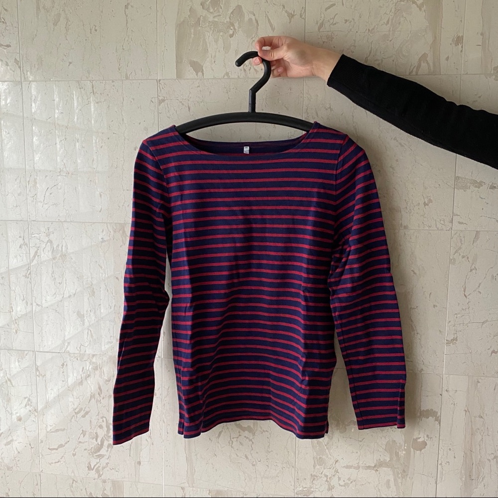 Red and navy nautical striped long sleeve shirt